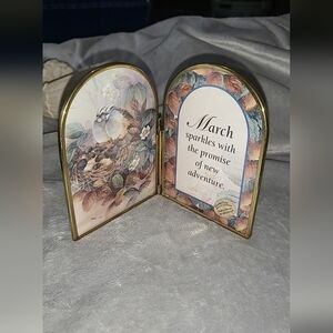 Brass Framed March Decorative Double-Panel Plaque with Birds